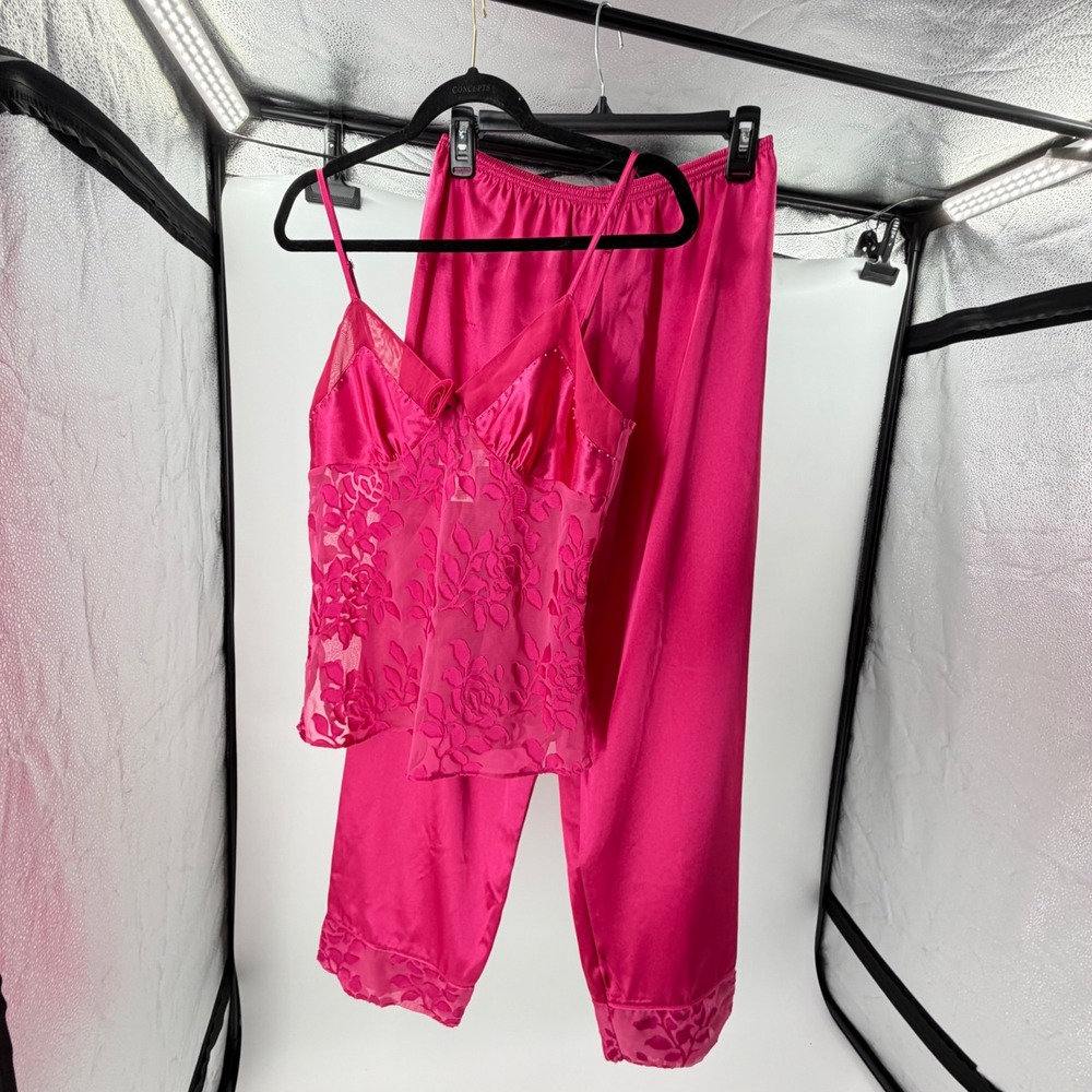Morgan Taylor Intimates Pink Satin Floral Mesh Pajama Set Camisole Pants Small